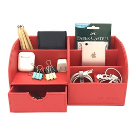 UnionBasic Multifunctional PU Leather Office Desk Organizer Business Card/Pen/Pencil/Mobile Phone/Stationery Holder Storage Box (Red)