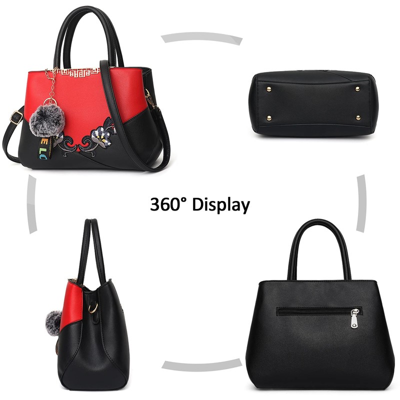 VARLIVOO Women Top-Handle Bag Flower Pattern Shoulder Bag Pom Pom