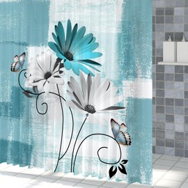 ZJRBJB Rustic Farmhouse Teal Floral Shower Curtain Daisy Flowers and Butterfly Shower Curtain on Country Wooden Background Turquoise Blue Fabric Bathroom Curtain with Hooks,60x72