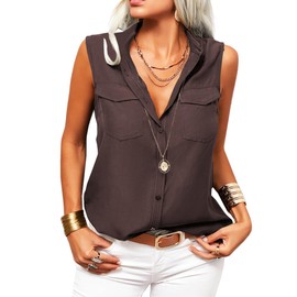 Veatzaer Women's Sleeveless Button Down Shirts Casual Lapel Tank Tops Office Ladies Shirts Brown