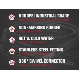YAMATIC 3/8" Pressure Washer Hose 50FT with Stainless Steel Quick Connector, 5000PSI Non-marking Rubber Power Washer Replacement Hose, Steel Wire Braided, Compatible with Simpson, Craftsman, Champion