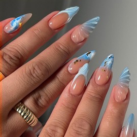 Ombre Blue French tips Press on Nails Medium Almond Fake Nails with Sea Shell Design Summer False Nails Water Ripple Glue on Nails Reusable Glossy Ocean Nails For Women Girls Manicure 24pcs