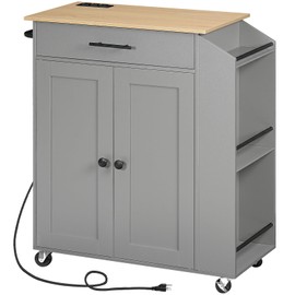 HOOBRO Kitchen Island with Power Outlet, Storage Island with Spice Rack and Drawer, Rolling Kitchen Cart on Wheels, for Home, Dining Room, Natural and Gray