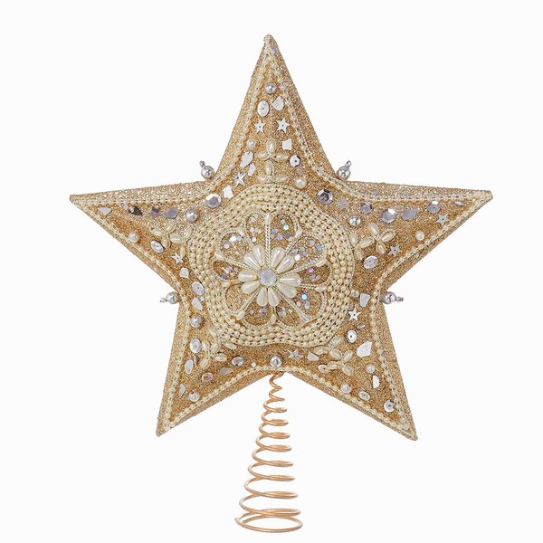 Kurt Adler 13.5-inch Star Treetop with Ivory Pearls and Platinum Glass Glitter