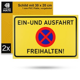 Prohibition Sign "Einund Ausfahrt freihalten!", Pack of 2, 30 x 20 cm, 1 mm Thick PVC Sign with Drill Holes, Driveway Exit Parking Prohibition for Indoor and Outdoor Use, Private Property Signs
