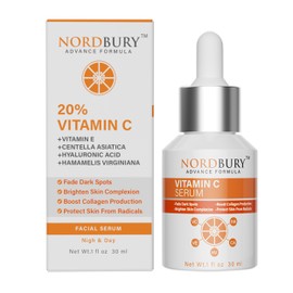 Nordbury Vitamin C Serum, Pure 20% Vitamin C with Vitamin E & Hyaluronic Acid for Face Day & Night, Brighten Skin Complexion Boost Collagen Production Fade Dark Spots Protects Skin from Radicals