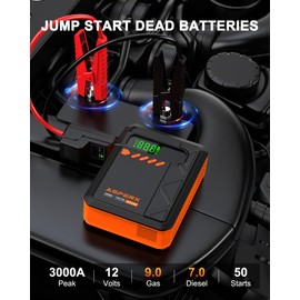 Portable Jump Starter with Air Compressor, 3000A Car Jumper, 150PSI Cordless Tire Inflator, 12V Jump Box for 9.0 Gas/7L Diesel Engine, Car Battery Booster with Storage Bag, Orange