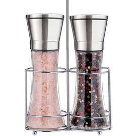 Professional Stainless Steel Salt and Pepper Grinder Set with Stand Manual Spice Adjustable Coarseness with Five Grinding Level Pepper Mill Grinders Shakers Gift Set with Silicone Funnel (Pack of 2)