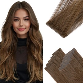 TESS Invisible Tape In Hair Extensions Human Hair Brown Injected Tape Seamless Real Hair Straight 10 Pcs 25G - #04Y Medium Brown - 18 Inch