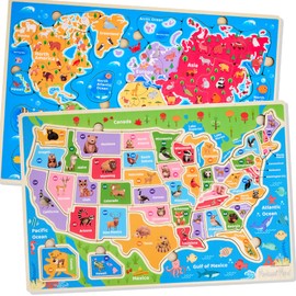 Montessori Mama Wooden Puzzles for Kids Ages 4-6, USA States and Capitols, World Continents and Oceans Kids Puzzles, Combo Set 2 Toddler Puzzles