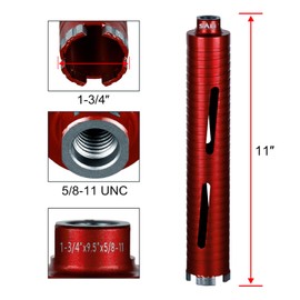 SALI Diamond Core Drill Bits 1 3/4" Diameter 10"/254mm Drilling Depth 5/8-11" Thread Core Bit Turbo Laser-Welded Segments for Cured Concrete with Rebar Brick Block Masonry Stone with Two Adapters（Red）