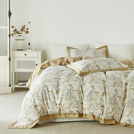 YuHeGuoJi Farmhouse Floral Duvet Cover King 100% Cotton Elegant Botanical Duvet Cover 3 Pcs Set 1 Art Decor Gold Hemmed Duvet Cover with Zipper Ties 2 Pillow Shams White Plant Bedding Set