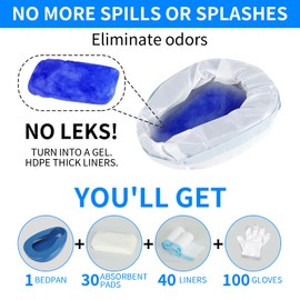 Bed pan Set Includes 30 Super Absorbent Pads, 40 Disposable Liners, and 100 Gloves. These bedpans are Comfortable for Both Women and Men and are Made of Thick, Oversized, Heavy-Duty PP Material