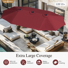 Sophia & William 15 ft Extra Large Patio Umbrella with Base Included, Rectangular Outdoor Umbrella Heavy Duty, Market Umbrella Double-sided Fade Resistant for Pool Garden Backyard, Burgundy