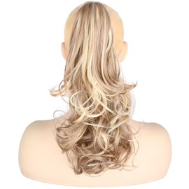 BOBIYA 13 Inches Claw Clip in Loose Curly Synthetic Wrap Around Ponytail Extensions Pony Tail Clip In Extensions (Light Brown Mix Light Blonde)