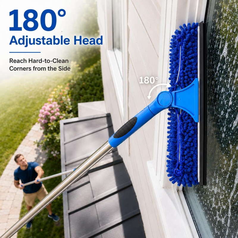 2-in-1 Window Cleaning Kit with Bucket, Extension Pole & Squeegee