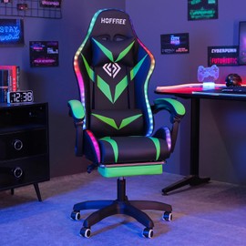 HOFFREE Gaming Chair with Massage and LED Lights Ergonomic Video Game Chairs with Footrest High Back Reclining Computer Chair with Adjustable Lumbar Support Green and Black