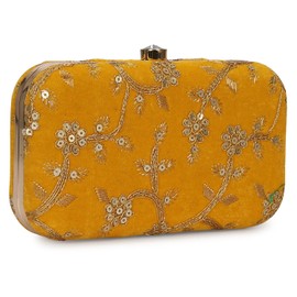 LONGING TO BUY Hand Crafted Designer Box Clutch For Women, Zari Embroidery Clutch For Women (Yellow-2)