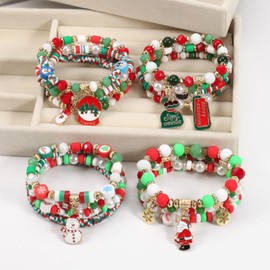 Ardorchid 4 Set Christmas Bracelets Snowman Snowflake Santa Claus Stackable Heishi Beaded Stretch Bracelet Xmas Tree Merry Christmas Bracelet for Women Party Supplies