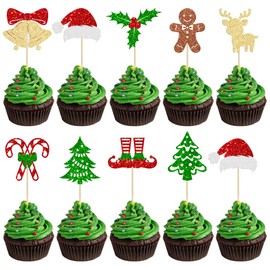 36 piezas de adornos para magdalenas de Navidad con purpurina, para árbol de Navidad, para cupcakes, sombreros, decoraciones de pastel de hombre de jengibre, para Navidad, día festivo, Año Nuevo, Navidad, baby shower, suministros para fiestas de cumpleañ