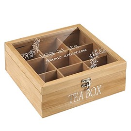 Tea Box Tea Bag Organizer Bamboo Tea Bag Holder Modern Tea Caddy Chest with 9 Compartments and Clear Cover for Home Use Holiday Gift