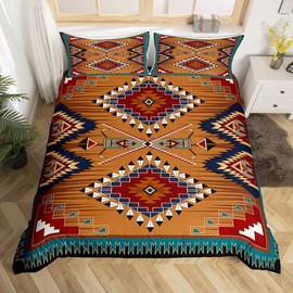 Bohemian Decor Bedding Set, Southwestern Native American Duvet Cover Boho Aztec Exotic Comforter Cover Vintage Rustic Farmhouse Quilt Cover Country Western Room Decor, Single
