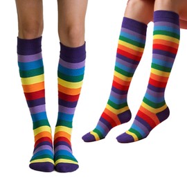 XDGBGFN 1 Pair Pack Striped Knee High Socks Unisex Baumwolle Extra Fein Rainbow Strümpfe Sportsocken (UK, Alpha, One Size, Regular, Regular, 1, Weiß Schwarz)