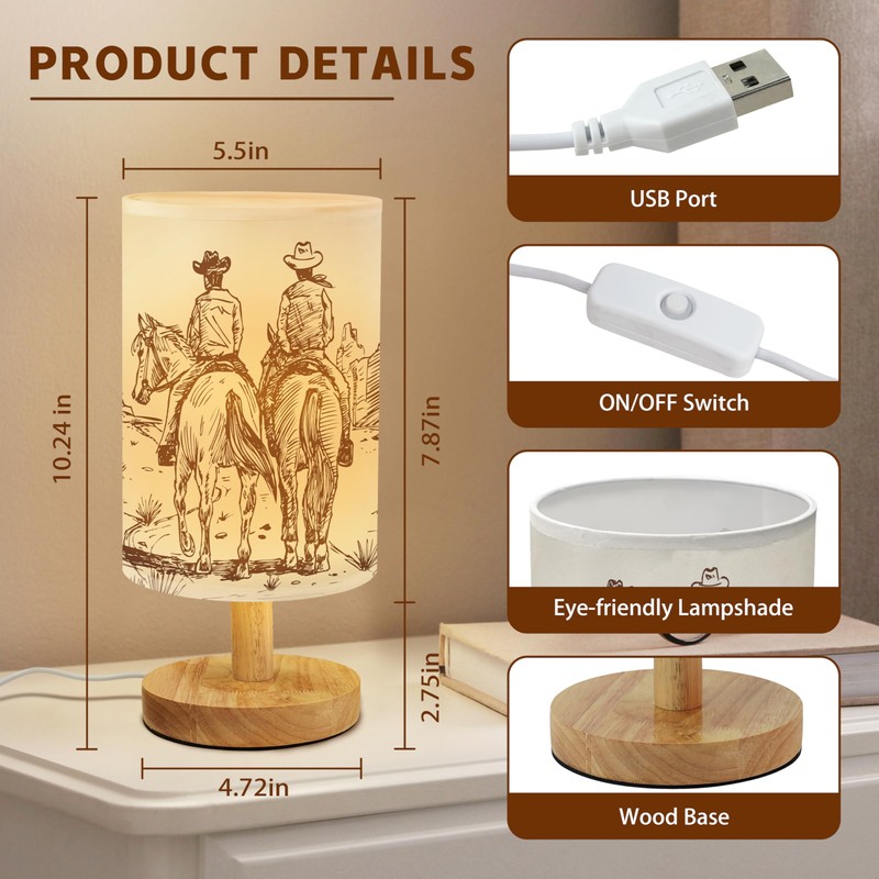 Imvertu Western Cowboy Bedside Table Lamp for Bedroom with USB