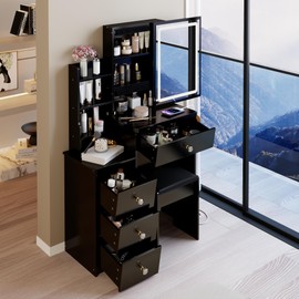 Polibi 29.2" Small Vanity Table with Left Bedside Cabinet and Cushioned Stool,Dressing Table with Tri-Color Adjustable LED Mirror,Built-in 2AC/USB/Type-C Ports & Hair Dryer Stand(Black)