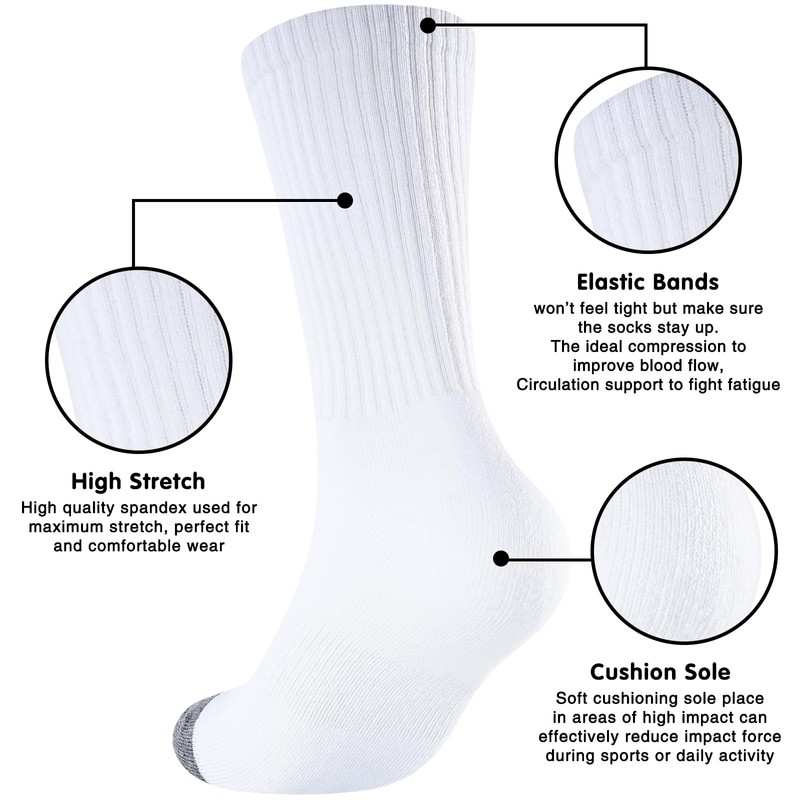 Monxiery Mens 100% Cotton Cushioned Crew Socks, Athletic Performance Moisture