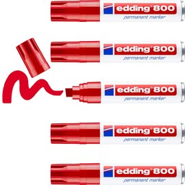 edding 800 Permanent Markers - Red - 5 Pens - Wedge Tip 4-12 mm - for Wide Markings - Waterproof, Quick-Drying, Smudge-proof - for Cardboard, Plastic, Wood, Metal, Glass