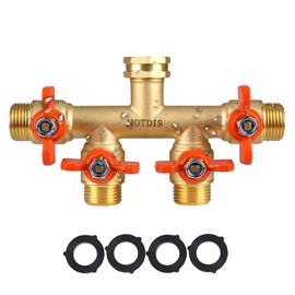 4 Way Brass Hose Splitter Full Flow with Metal Handle - Heavy Duty Spigot Splitter with Shut Off Valve, 3/4" GHT Garden Tap Connector