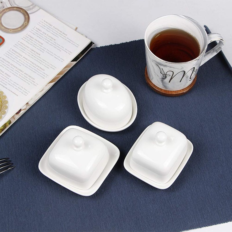 NAGU Small Rectangle Butter Dish with Lid, White Procelain Domed