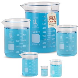 Karter Scientific, 3.3 Boro, Griffin Low Form, Glass Beaker Set - 6 Sizes - 10ml, 50ml, 100ml, 250ml, 500ml, 1000ml