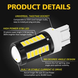 AUXLIGHT 7443 7440 T20 W21W 1400 Lumens Super Bright Low Power LED Light Bulbs Replacements for Back Up Reverse Lights and Tail Brake Stop Parking Lights, 6000K Xenon White (Pack of 2)