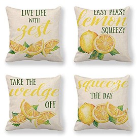 KUNQIAN Lemon Cushion Covers Outdoor Waterproof Yellow Summer Fruit Throw Pillow Cover Set of 4 18x18 inch Home Decorative for Patio Furniture Bench Couch Decor