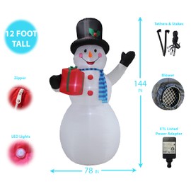12 Foot Tall Huge Christmas Snowman Holding Gift Box Lighted Blowup Party Decoration for Outdoor Indoor Home Family Garden Yard Prop