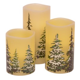 Snowy Winter Pine Forest Wax Flameless Holiday Pillar Candles, Set of 3, 6 Inch