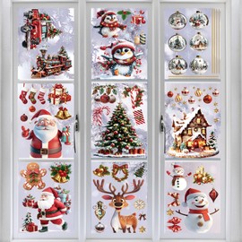 9 PCS Christmas Window Stickers Christmas Decorations for Windows Double 3D Large Christmas Window Sticker with Santa Claus Reindeer Snowflakes for Windows Christmas Window Decorations