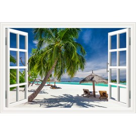 THNWSY 3D Self-Adhesive Painting Fake Window Wall Stickers Tropical Island with Palm Trees Wall Mural Window View Wall Decor for Home (B, 27.6"×17.3")