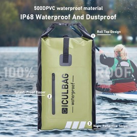 iculbag Dry Bags Waterproof Backpack for Women Men Travel Waterproof Dry Bags for Kayaking Boating Beach Camping Hiking Armygreen 20L