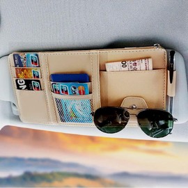 Fenzer Car Sun Visor Organizer, Multi-Pocket Visor Organizer Storage Pouch for Cars, SUVs & Trucks with Double Zippers, Elastic Bands & Glasses Clip - Organizes Essentials Keep Tidy (Beige)