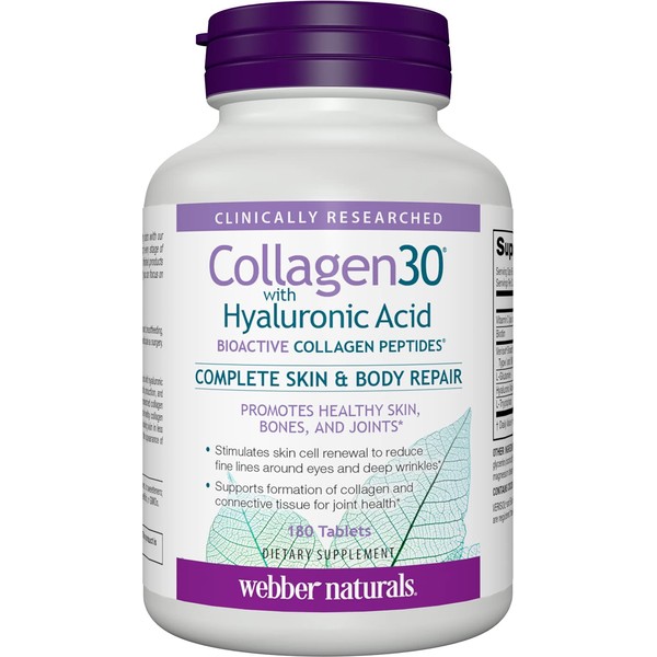 Webber Naturals Collagen30 with Hyaluronic Acid, Bioactive Collagen Peptides, 180 Tablets, Helps Reduce Joint Pain, Eye Wrinkles and Fine Facial Line, Non GMO
