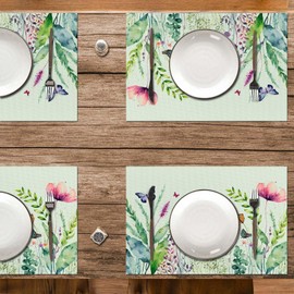 Vinyl Butterfly Floral Green Placemats - Set of 4, Heat Resistant, 11.7 x 17.5 Inch, Washable Indoor Mats
