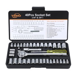 YSMD 40 Pieces 1/4-Inch & 3/8-Inch Entry-level Drive Socket Set with Reversible Ratchet, Wrench Set with Extension bar, SAE/Metric for Starter Socket Wrench Set for Light Duty Use