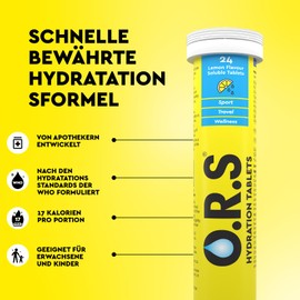 O.R.S Hydration Tablets with Electrolytes, Vegan, Gluten and Lactose Free Formula – Soluble Sports Hydration Tablets with Natural Lemon Flavour, 24 Tablets (Pack of 6 x 24)