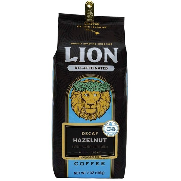 Lion Coffee, Swiss Water DECAF, Hazelnut Flavor, Ground, 7 Ounce Bag