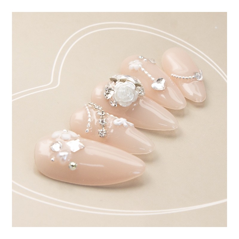 Crystal Flower Handmade Nail Tips - Almond / 크리스탈 플라워