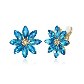 Flyonce Flower Clip-on Earrings for Women, Light Blue Rhinestone Sparkly Crystal Statement Floral Clip Earring Studs Non Pierced Ears Wedding Party Summer Jewelry