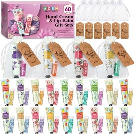 AZEN 60 Juegos de Regalos a Granel, Conjunto de Crema de Manos y Bálsamo Labial a Granel con Bolsa de Organza, Tarjeta de Agradecimiento, Regalos para